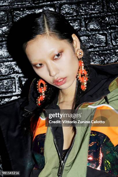 Model poses backstage ahead of the Dsquared2 show during Milan Men's Fashion Week Spring/Summer 2019 on June 17, 2018 in Milan, Italy.