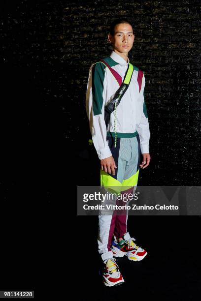 Model poses backstage ahead of the Dsquared2 show during Milan Men's Fashion Week Spring/Summer 2019 on June 17, 2018 in Milan, Italy.