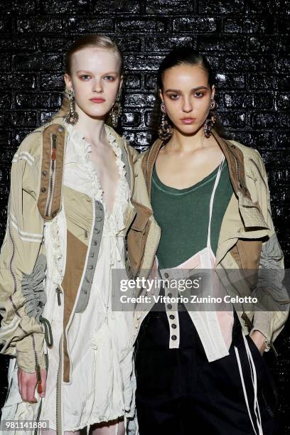 Models pose backstage ahead of the Dsquared2 show during Milan Men's Fashion Week Spring/Summer 2019 on June 17, 2018 in Milan, Italy.