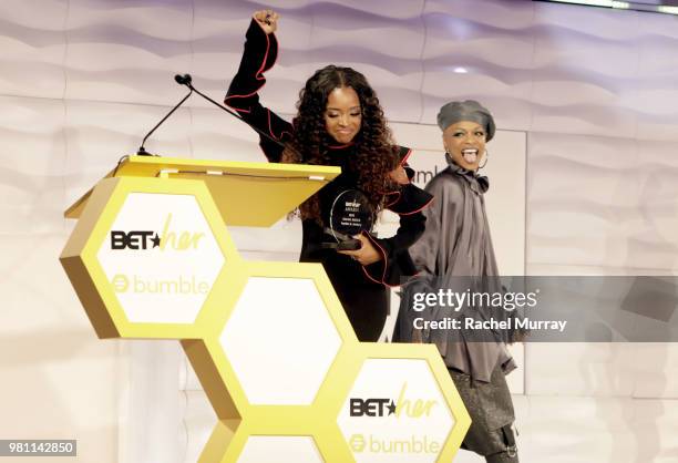 WomenÕs March National co-chair and activist Tamika D. Mallory recieves the Social Justice Award during the BET Her Awards presented by Bumble at...