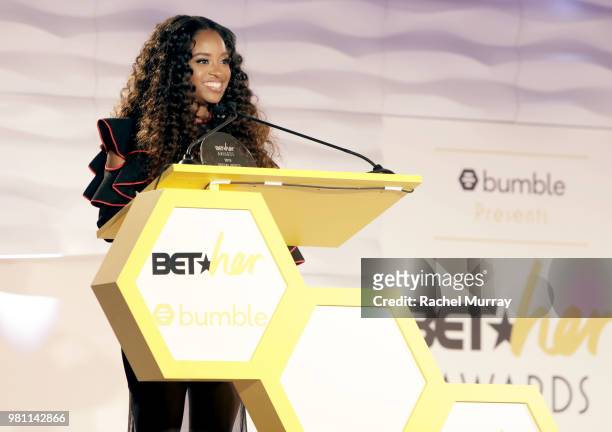 WomenÕs March National co-chair and activist Tamika D. Mallory recieves the Social Justice Award during the BET Her Awards presented by Bumble at...
