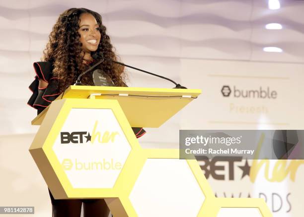 WomenÕs March National co-chair and activist Tamika D. Mallory recieves the Social Justice Award during the BET Her Awards presented by Bumble at...