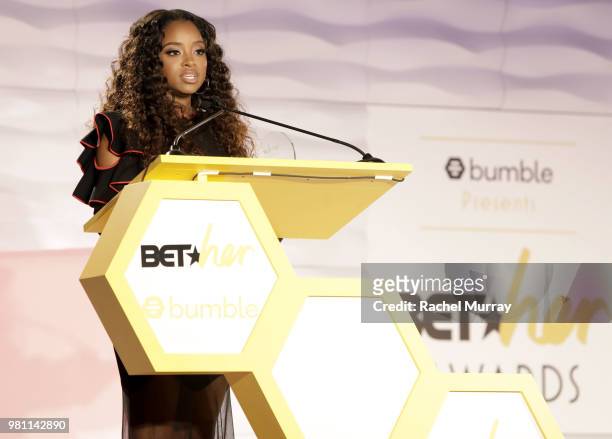 WomenÕs March National co-chair and activist Tamika D. Mallory recieves the Social Justice Award during the BET Her Awards presented by Bumble at...