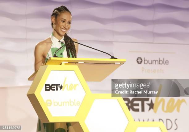 Journalist and editor Elaine Welteroth speaks onstage during the BET Her Awards presented by Bumble at Conga Room on June 21, 2018 in Los Angeles,...