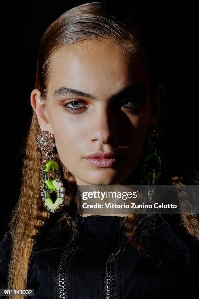 Model Nina Marker poses backstage ahead of the Dsquared2 show during Milan Men's Fashion Week Spring/Summer 2019 on June 17, 2018 in Milan, Italy.