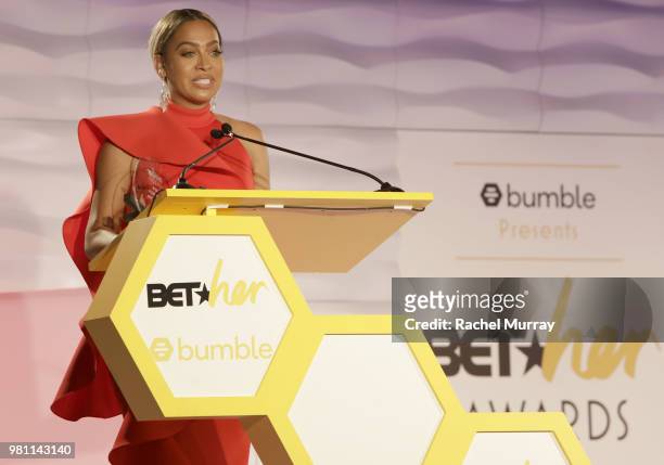 Evolution Award recipient Lala Anthony speaks onstage during the BET Her Awards presented by Bumble at Conga Room on June 21, 2018 in Los Angeles,...