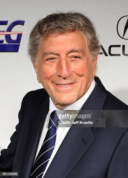 Musician Tony Bennett arrives at 2010 MusiCares Person Of The Year Tribute To Neil Young at the Los Angeles Convention Center on January 29, 2010 in...