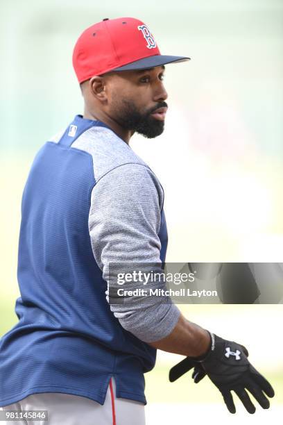 Jackie Bradley Jr. #19 of the Boston Red Sox looks on during batting practice of a baseball game against the Baltimore Orioles at Oriole Park at...