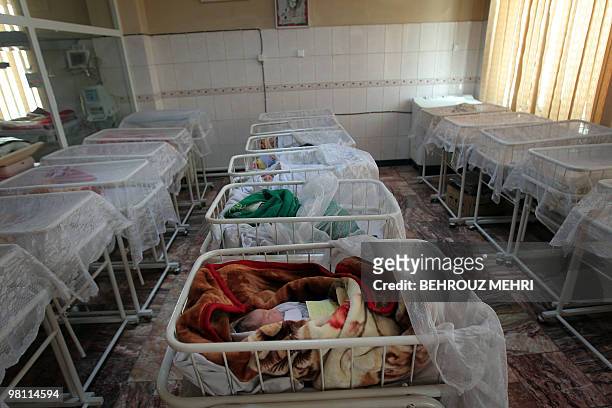Afghan newborn babies who was born earlier that morning sleep in their cradles in the maternity ward of a hospital in Kabul on March 15, 2010....