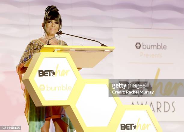 Icon Award recipient Sheila E. Speaks onstage during the BET Her Awards Presented By Bumble at Conga Room on June 21, 2018 in Los Angeles, California.