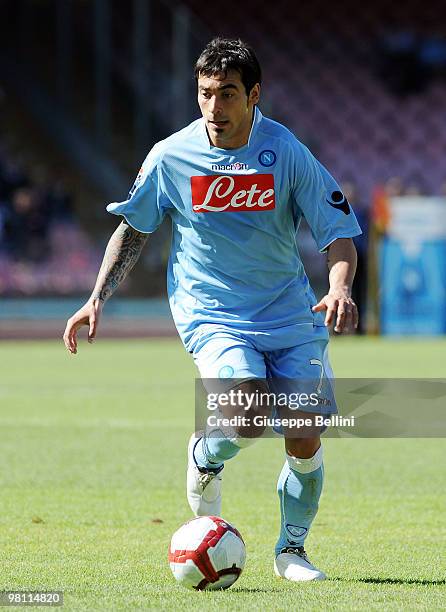 Ezequiel Lavezzi of Napoli in action during the Serie A match between SSC Napoli and Catania Calcio at Stadio San Paolo on March 28, 2010 in Naples,...