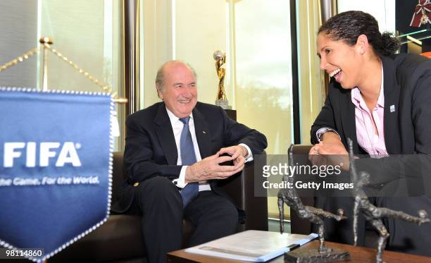 President Joseph S. Blatter and FIFA Women's World Cup 2011 Organising Committee President Steffi Jones laugh during the Fifa Meeting at the Fifa...