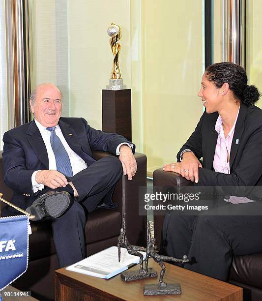 President Joseph S. Blatter talks to FIFA Women's World Cup 2011 Organising Committee President Steffi Jones during the Fifa Meeting at the Fifa...