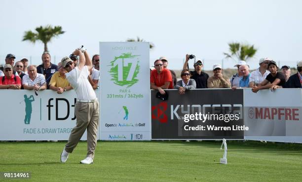 Louis Oosthuizen of South Africa tees off on the 17th hole during the fourth round of the Open de Andalucia 2010 at Parador de Malaga Golf on March...