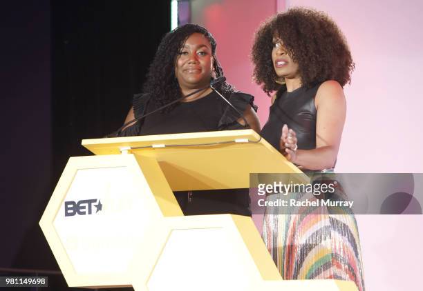 Lenae Jackson and Fluent360 CEO Danielle Austen speak onstage during the BET Her Awards presented by Bumble at the Conga Room on June 21, 2018 in Los...
