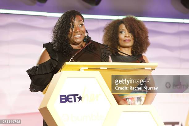 Lenae Jackson and Fluent360 CEO Danielle Austen speak onstage during the BET Her Awards presented by Bumble at the Conga Room on June 21, 2018 in Los...