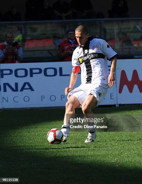 Stefano Morrone in action during the Serie A match between AC Chievo Verona and Parma FC at Stadio Marc'Antonio Bentegodi on March 28, 2010 in...