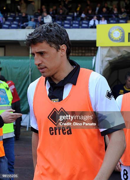 Hernan Crespo of Parma looks on before the Serie A match between AC Chievo Verona and Parma FC at Stadio Marc'Antonio Bentegodi on March 28, 2010 in...