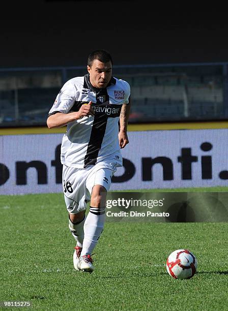 Valeri Bojinov of Parma in action during the Serie A match between AC Chievo Verona and Parma FC at Stadio Marc'Antonio Bentegodi on March 28, 2010...