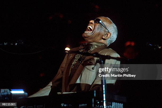 Ray Charles performs on stage at the Sidney Myer Music Bowl on 23rd February 2002 in Melbourne, Australia.