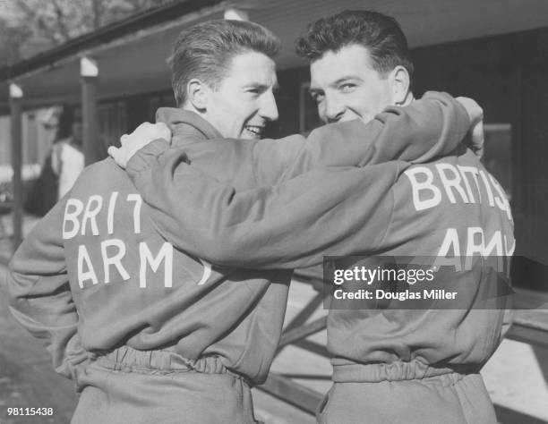 Cliff Jones and Alex Parker , of the British Army football team, in training at Aldershot, before a game against the French army, 18th February 1958....