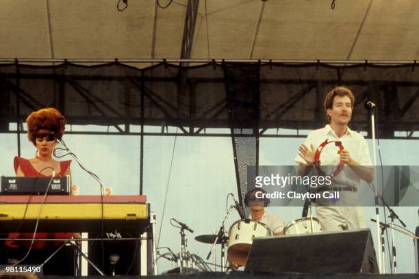 The B-52's performing at the Heatwave Festival at Mosport Park near Toronto on August 23rd, 1980. : Kate Pierson, Keith Strickland, Fred Schneider.