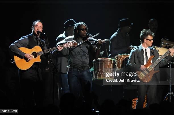 Musicians Dave Matthews and Boyd Tinsley of the music group the Dave Matthews Band perform onstage during the 52nd Annual GRAMMY Awards held at...