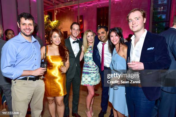 Aaron Luryi, Chloe Kim, James Brooke, Hilary Donnell, Guest, Sarah Tay and Matthew Ruttley attend Mr. Morgan's Summer Soiree at The Morgan Library &...