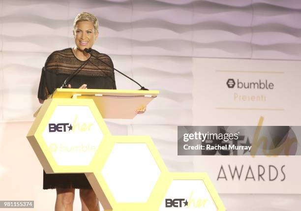 Her SVP of Media Sales Michele Thornton speaks onstage during the BET Her Awards Presented By Bumble at Conga Room on June 21, 2018 in Los Angeles,...
