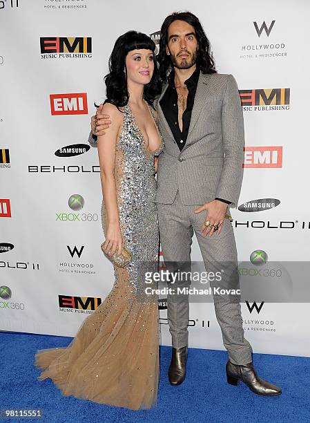 Singer Katy Perry and comedian Russell Brand arrive at the EMI Post-GRAMMY Party at W Hollywood on January 31, 2010 in Hollywood, California.