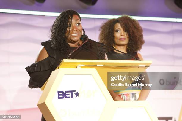 Lenae Jackson and Fluent360 CEO Danielle Austen speak onstage during the BET Her Awards presented by Bumble at the Conga Room on June 21, 2018 in Los...