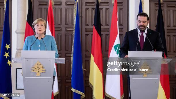 June 2018, Lebanon, Beirut: German Chancellor Angela Merkel and Saad Rafiq Hariri, PM of Lebanon, giving a press conference. Lebanon is the...