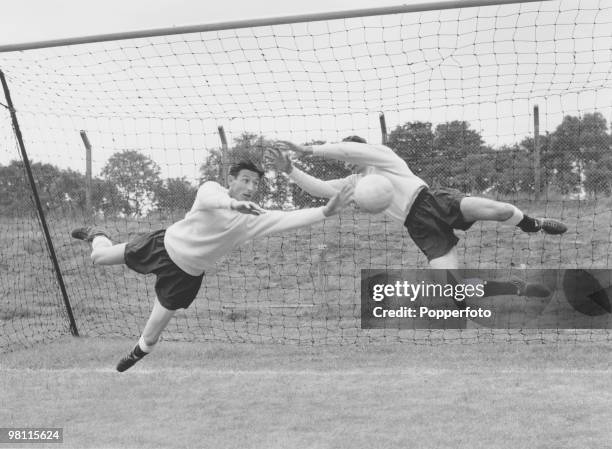 Tottenham Hotspur goalkeeper Bill Brown in pre-season training with his understudy, Pat Jennings, 1964.