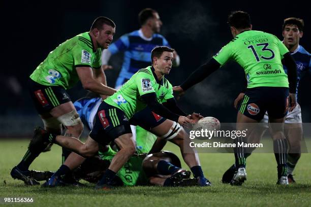 Kayne Hammington of the Highlanders clears the ball during the match between the Highlanders and the French Barbarians at Rugby Park Stadium on June...