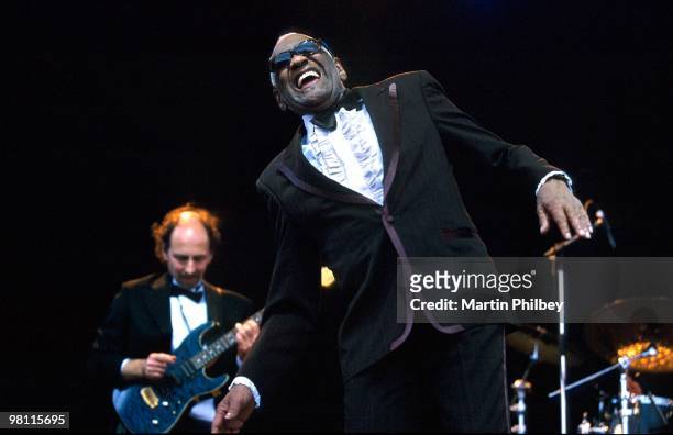 Ray Charles performs on stage at the Melbourne International Music and Blues Festival on 7th February 2002 in Melbourne, Australia.