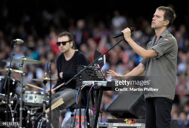 Kim Moyes and Julian Hamilton of The Presets perform on stage at Docklands Stadium on 28th February 2009 in Melbourne, Australia.