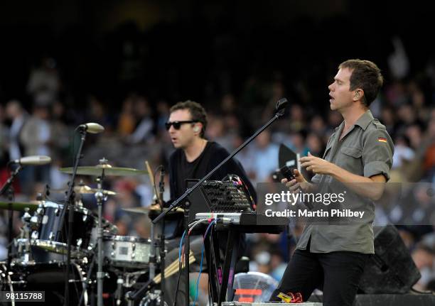 Kim Moyes and Julian Hamilton of The Presets perform on stage at Docklands Stadium on 28th February 2009 in Melbourne, Australia.