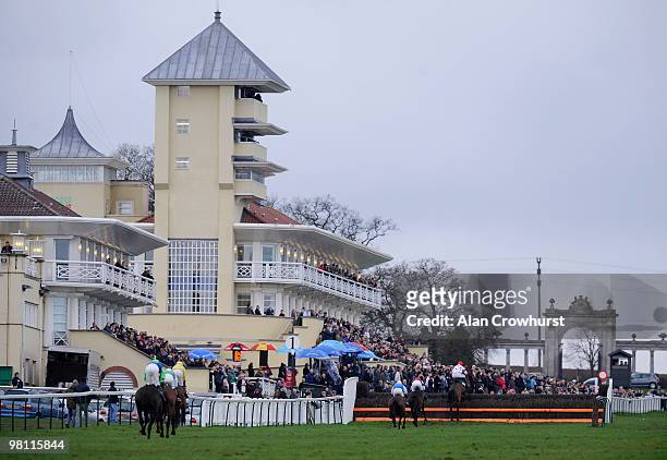 Gemini Storm ridden by jockey, Andrew Thornton jump the last before winning the Racing Forum At Gg.com Handicap Steeple Chase at Towcester racecourse...