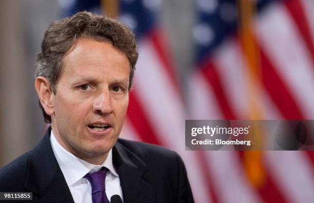 Timothy Geithner, U.S. Treasury secretary, speaks during the Women in Finance Symposium at the Treasury Department in Washington, D.C., U.S., on...