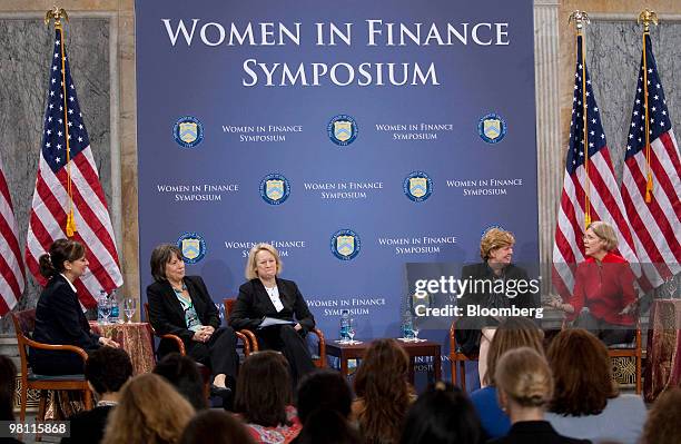 Maria Bartiromo, CNBC anchor, left to right, Sheila Bair, chairman of the U.S. Federal Deposit Insurance Corp., Mary Schapiro, chairman of the...