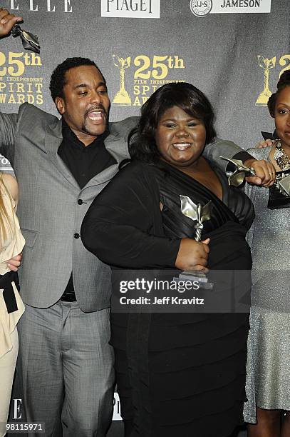 Actress Gabourey Sidibe poses with director Lee Daniels in the press room at the 25th Film Independent Spirit Awards held at Nokia Theatre LA Live on...