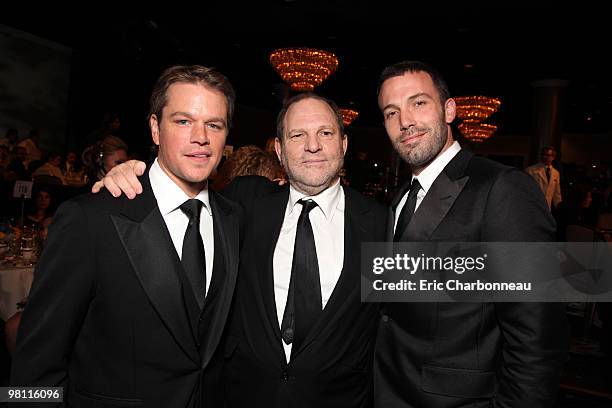 Matt Damon, Harvey Weinstein and Ben Affleck at the 24th American Cinematheque Annual Gala Honoring Matt Damon on March 27, 2010 at the Beverly...