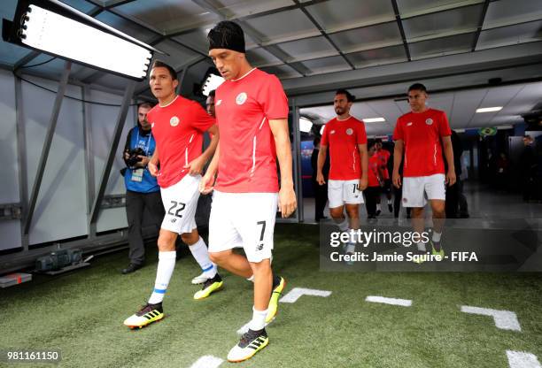 Kenner Gutierrez and Christian Bolanos of Costa Rica walk on the pitch for the warm up prior to the 2018 FIFA World Cup Russia group E match between...