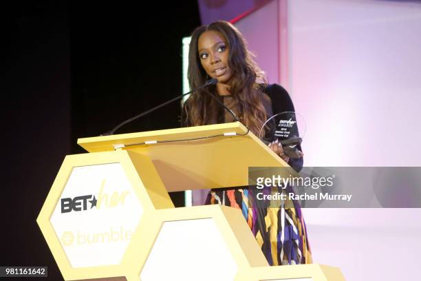 Actress Yvonne Orji recieves the Rising Star award during the BET Her Awards Presented By Bumble at Conga Room on June 21, 2018 in Los Angeles,...