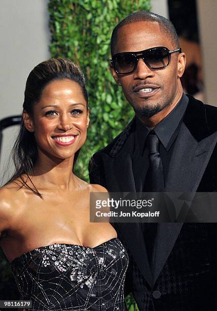 Actress Stacey Dash and Jamie Foxx arrive at the 2010 Vanity Fair Oscar Party held at Sunset Tower on March 7, 2010 in West Hollywood, California.