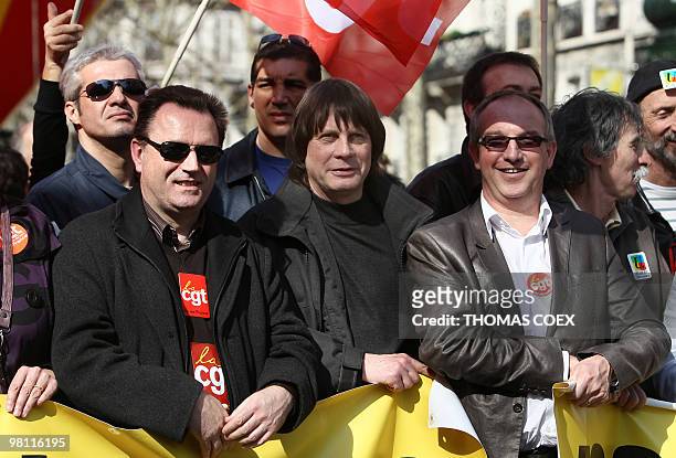 Head of the CGT union Bernard Thibault takes part in a demonstration on March 23, 2010 in Paris, as part of a nationwide day of protest against job...