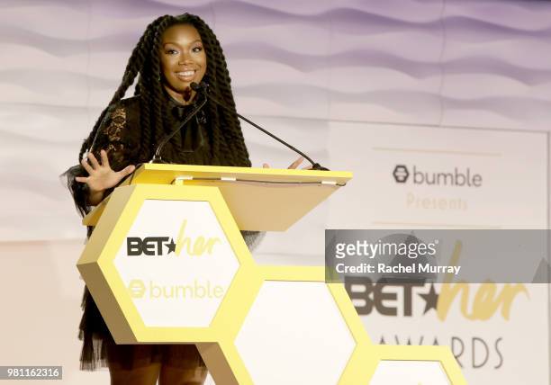 Host Brandy Melville speaks onstage during the BET Her Awards presented by Bumble at the Conga Room on June 21, 2018 in Los Angeles, California.
