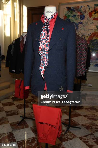 Outfit in display during the Smalto Menswear Spring/Summer 2019 Presentation as part of Paris Fashion Week on June 22, 2018 in Paris, France.