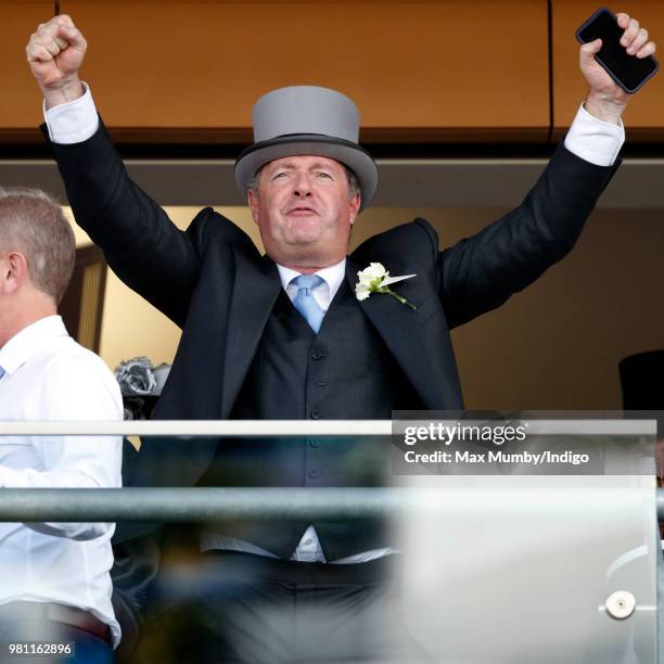 Piers Morgan cheers as he watches the racing on day 2 of Royal Ascot at Ascot Racecourse on June 20, 2018 in Ascot, England.