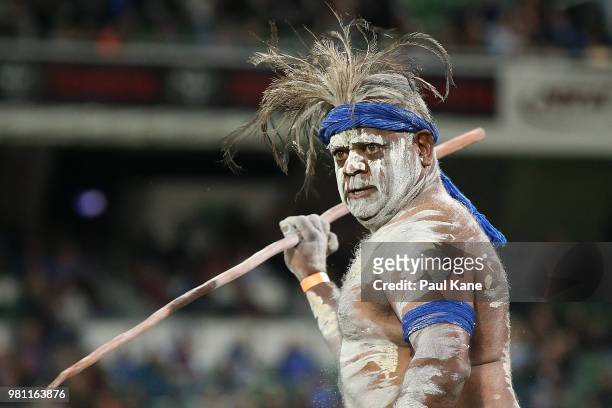 An Aboriginal dancer performs before the World Series Rugby match between the Western Force and the Crusaders at nib Stadium on June 22, 2018 in...